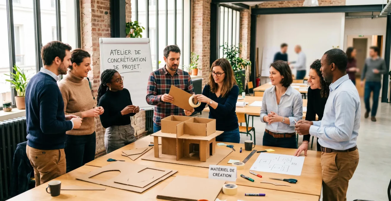 Équipe diversifiée collaborant sur une activité créative de team building dans un espace atelier lumineux