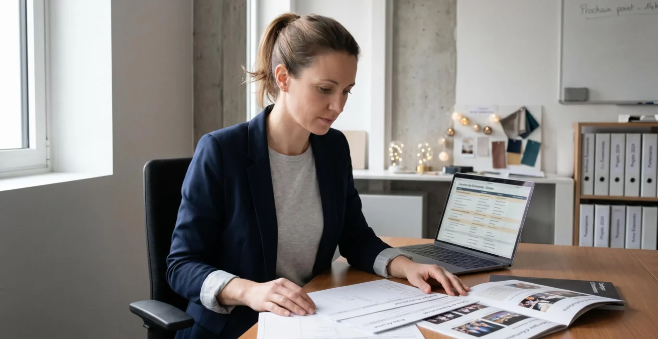 Responsable événementiel consultant des documents de planification de team building dans un bureau moderne