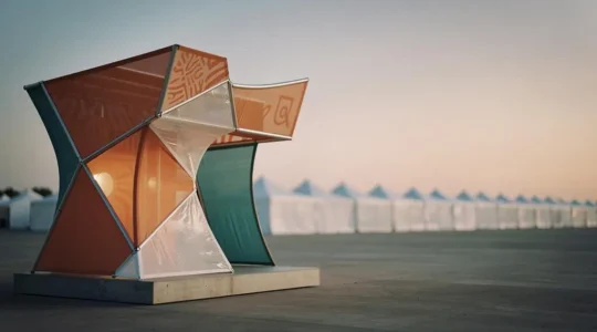 Espace événementiel sur-mesure incarnant visuellement l'identité unique d'une marque, contrastant avec des structures génériques floues en arrière-plan