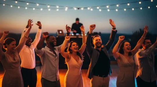 Invités dansant avec joie sous des jeux de lumière chauds lors d'une soirée événementielle réussie