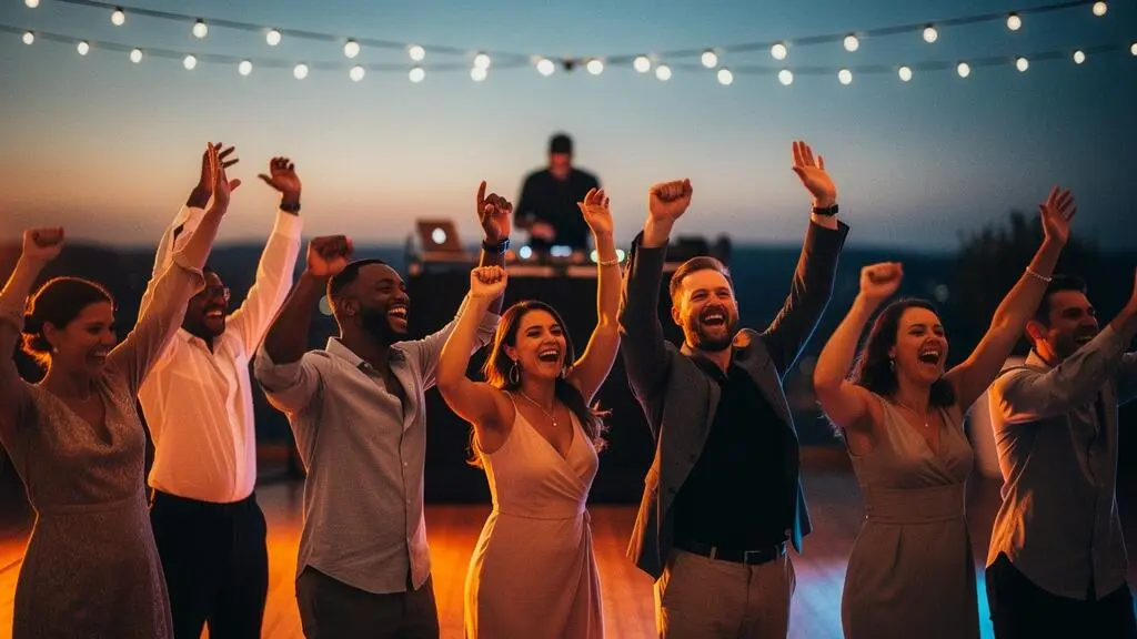 Invités dansant avec joie sous des jeux de lumière chauds lors d'une soirée événementielle réussie