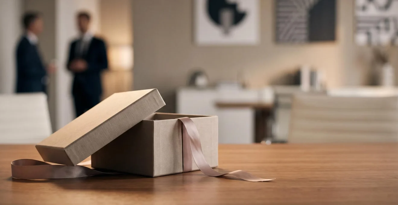 Coffret cadeau d'affaires haut de gamme entrouvert sur une table en bois, symbolisant l'impact durable d'un cadeau professionnel bien choisi sur la mémorisation de marque