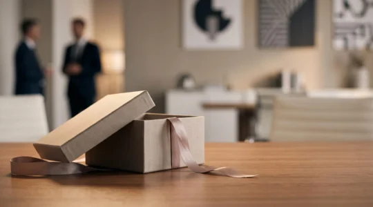 Coffret cadeau d'affaires haut de gamme entrouvert sur une table en bois, symbolisant l'impact durable d'un cadeau professionnel bien choisi sur la mémorisation de marque
