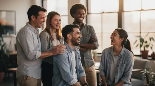 Equipe professionnelle partageant un moment de joie authentique lors d'une celebration de fin de projet