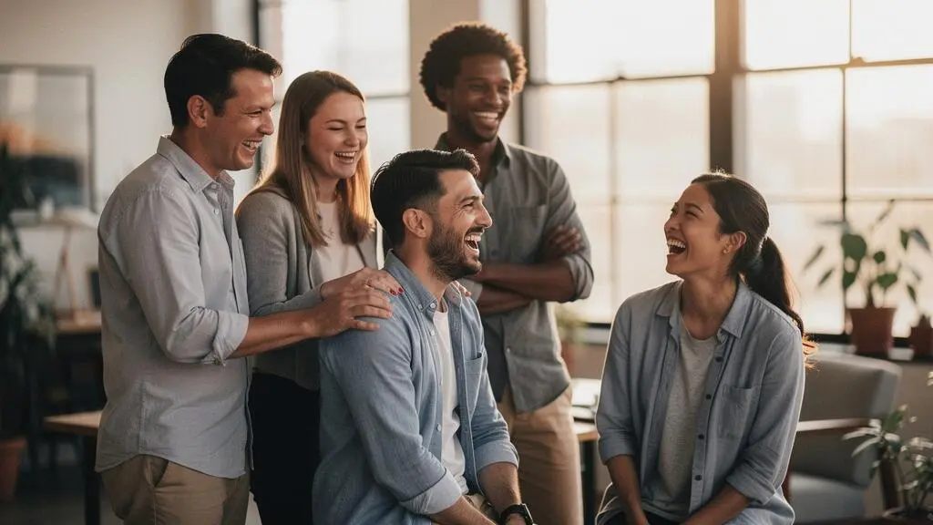 Equipe professionnelle partageant un moment de joie authentique lors d'une celebration de fin de projet