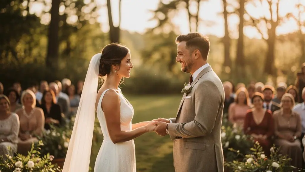 Couple de mariés se tenant les mains lors d'une cérémonie en plein air entourée d'invités émus, lumière dorée de fin de journée.