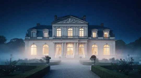 Château historique illuminé au crépuscule, illustrant une expérience événementielle poétique et magique