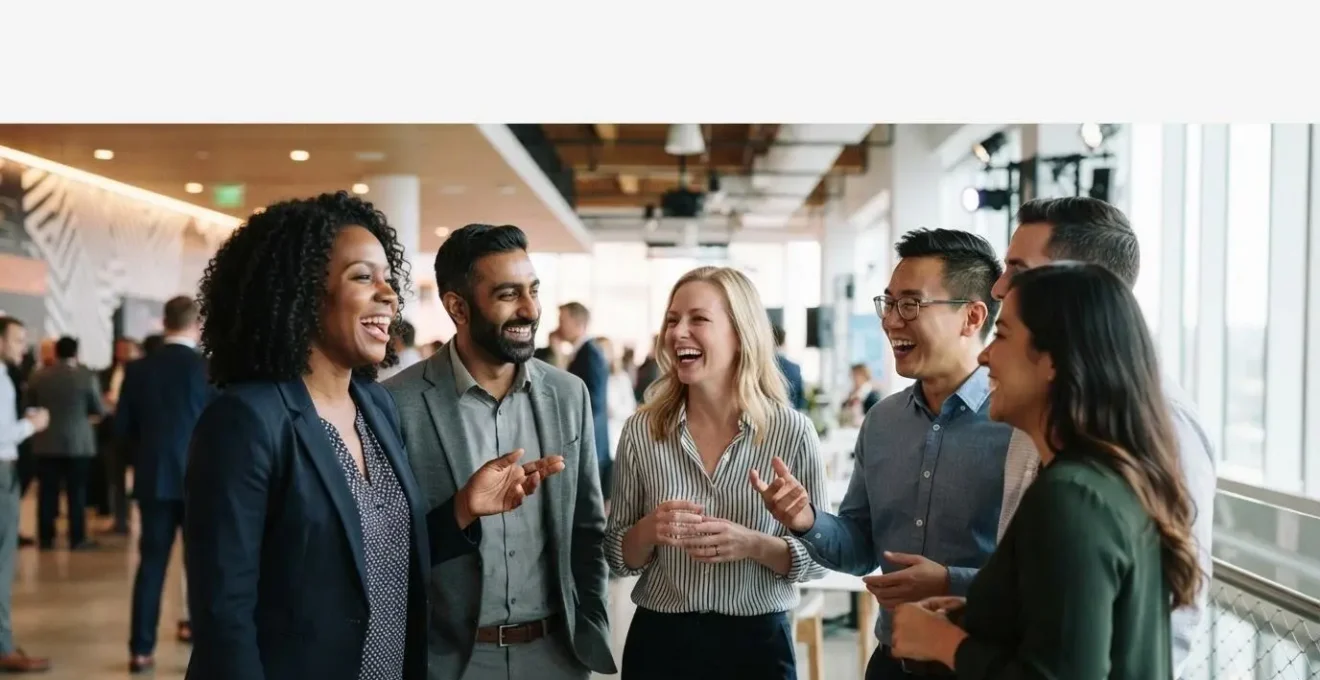 Groupe de collaborateurs souriants et engages partageant un moment collectif lors d'un evenement d'entreprise
