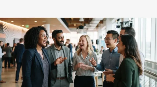 Groupe de collaborateurs souriants et engages partageant un moment collectif lors d'un evenement d'entreprise