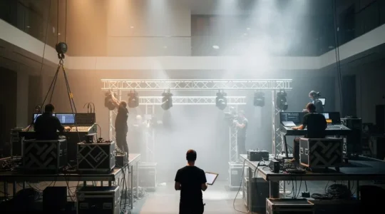Régisseur général coordonnant plusieurs équipes techniques son, lumière et vidéo avant un événement d'entreprise