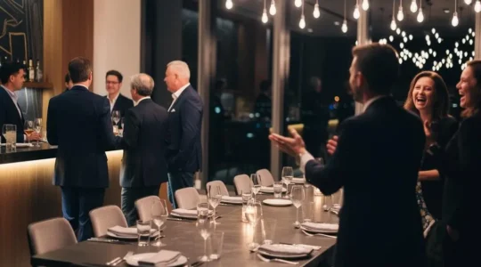 Scène élégante d'une soirée d'entreprise illustrant l'équilibre entre ambiance festive et tenue professionnelle.