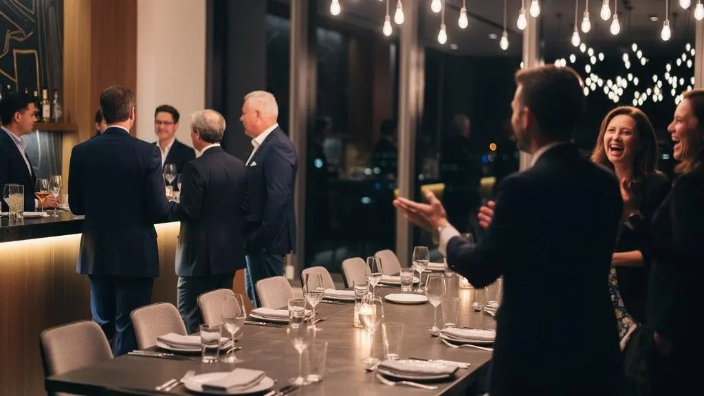 Scène élégante d'une soirée d'entreprise illustrant l'équilibre entre ambiance festive et tenue professionnelle.