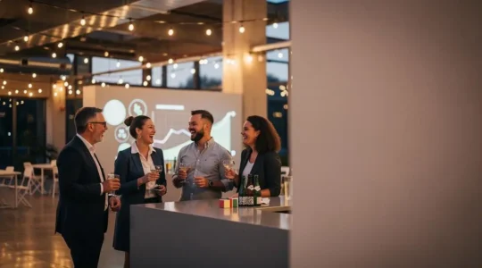 Invites d'une soiree d'entreprise echangeant chaleureusement pres d'un bar a experts discret, illustrant l'equilibre entre objectifs business et convivialite
