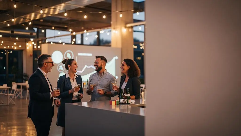 Invites d'une soiree d'entreprise echangeant chaleureusement pres d'un bar a experts discret, illustrant l'equilibre entre objectifs business et convivialite