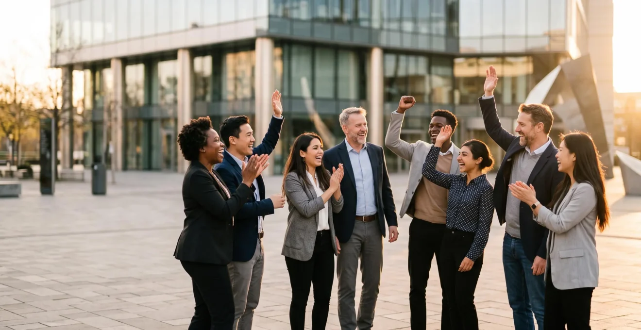 Groupe de collaborateurs divers réunis en cercle lors d'un événement d'entreprise en extérieur, lumière dorée de fin de journée symbolisant la cohésion retrouvée