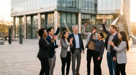 Groupe de collaborateurs divers réunis en cercle lors d'un événement d'entreprise en extérieur, lumière dorée de fin de journée symbolisant la cohésion retrouvée
