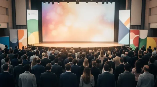 Grand collectif de collaborateurs réunis lors d'un événement d'entreprise, symbolisant l'adhésion collective à une transformation stratégique