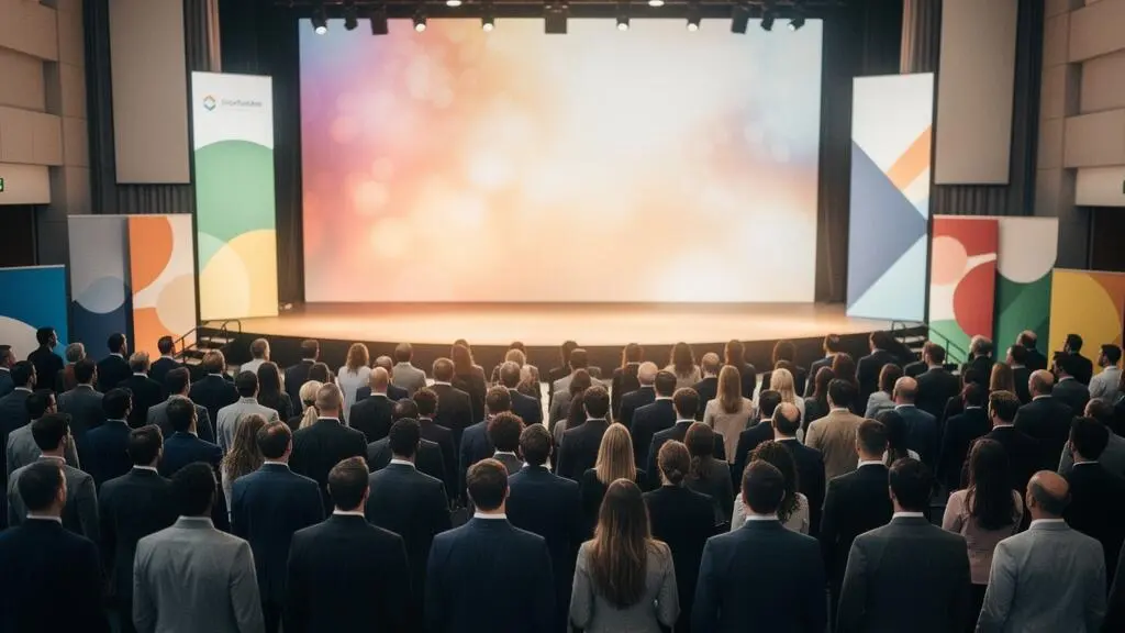 Grand collectif de collaborateurs réunis lors d'un événement d'entreprise, symbolisant l'adhésion collective à une transformation stratégique