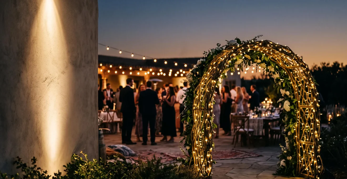 Ambiance chaleureuse d'une fête privée réussie avec décoration soignée et invités en arrière-plan flou