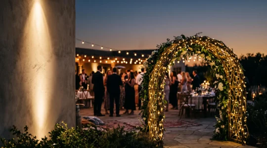 Ambiance chaleureuse d'une fête privée réussie avec décoration soignée et invités en arrière-plan flou
