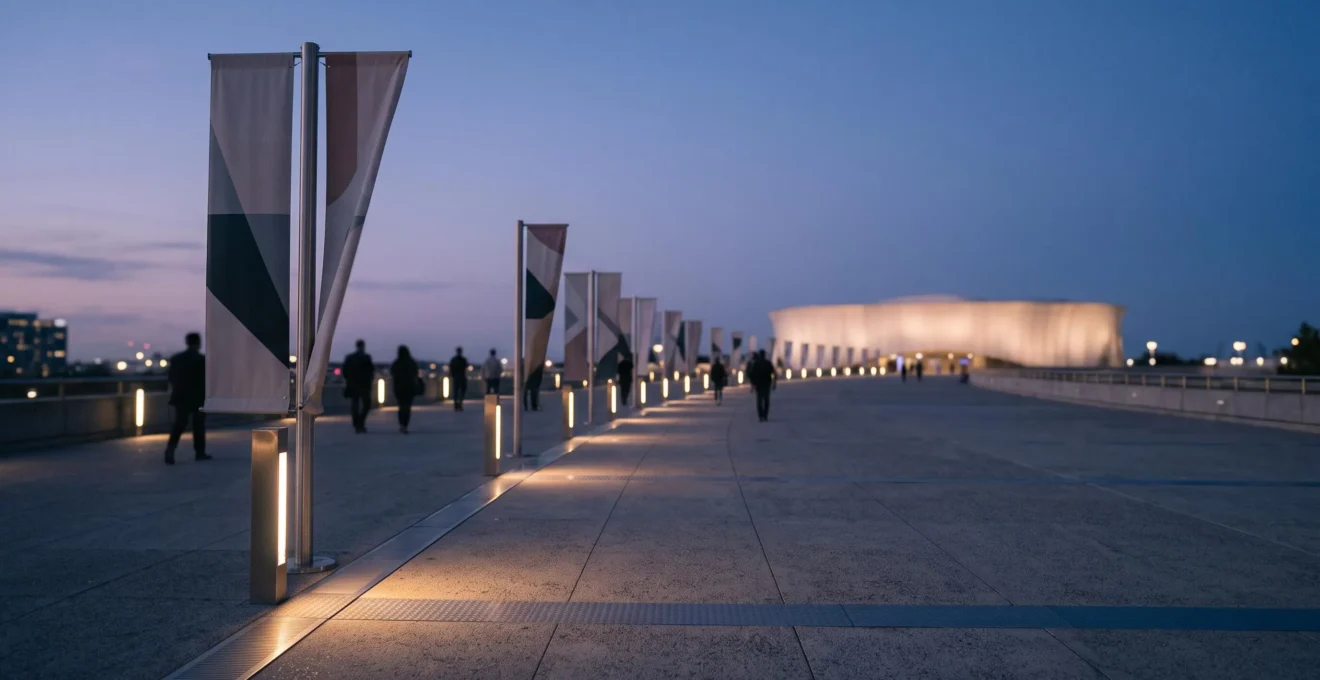 Visiteurs guidés par un jeu de lumières et de structures vers un espace d'exposition lors d'un événement en extérieur au crépuscule