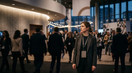 Silhouette d'une personne mise en lumière et nette au centre d'une foule de participants flous lors d'un événement professionnel, symbolisant le ciblage précis d'une audience
