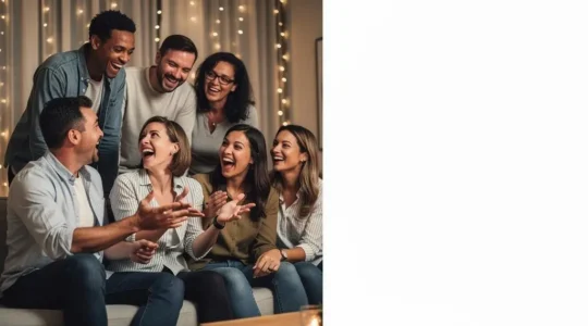 Un groupe d'amis souriants et complices au moment de surprendre une personne pour son anniversaire, ambiance chaleureuse et festive