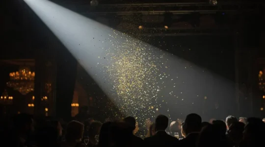 Instant suspendu symbolisant un moment WOW memorable lors d'un evenement, avec un faisceau de lumiere et des particules en suspension au-dessus d'une foule silhouettee.