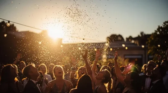 Un éclat de lumière suspendu au-dessus d'une foule d'invités en pleine émotion collective lors d'un événement, symbolisant un pic émotionnel bref et intense