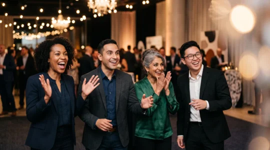 Groupe d'invités vivant un moment de surprise et de joie collective lors d'un événement professionnel, symbole de mémorisation forte