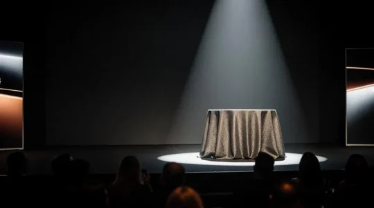 Scène symbolique d'un lancement de produit en soirée, avec un jeu de lumière évoquant l'exclusivité et l'attente du public