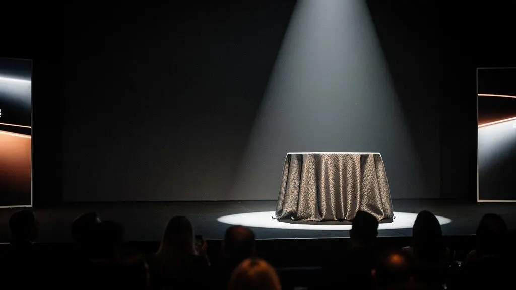 Scène symbolique d'un lancement de produit en soirée, avec un jeu de lumière évoquant l'exclusivité et l'attente du public