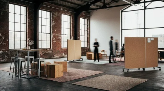 Vaste loft industriel baigné de lumière naturelle, aménagé en zones modulables pour un atelier de créativité collective