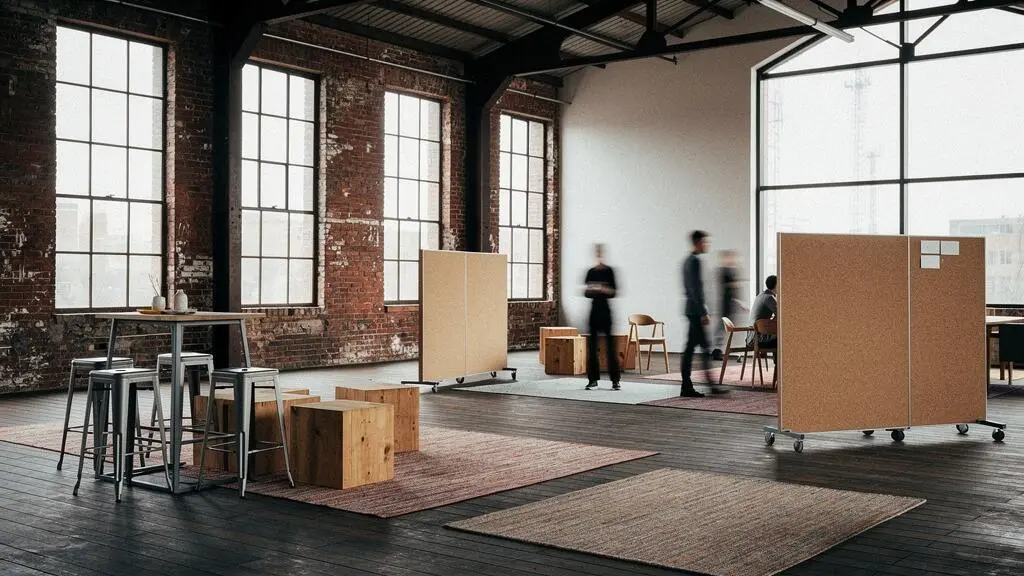 Vaste loft industriel baigné de lumière naturelle, aménagé en zones modulables pour un atelier de créativité collective
