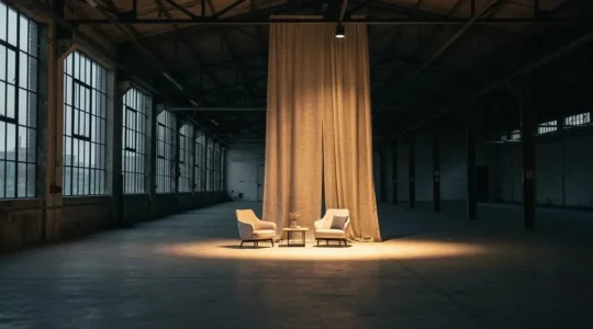 Vaste loft industriel de 300m² transformé en scénographie immersive grâce à un éclairage scénique et des îlots de mobilier design