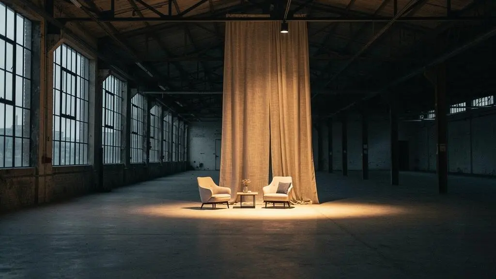 Vaste loft industriel de 300m² transformé en scénographie immersive grâce à un éclairage scénique et des îlots de mobilier design