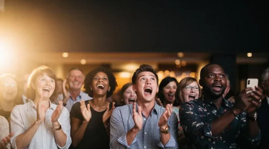 Groupe d'invités vivant un instant de surprise collective et spontanée lors d'un événement, symbole d'une animation mémorable et partageable