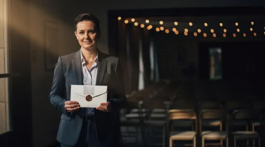 Silhouette professionnelle observant une invitation scellée suggérant le mystère d'un évènement à venir