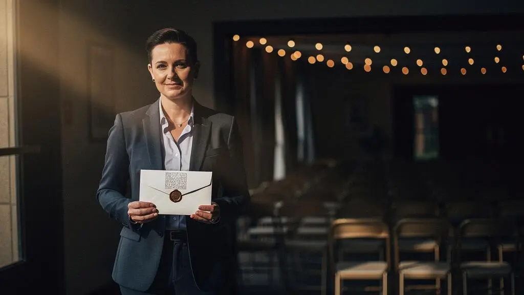 Silhouette professionnelle observant une invitation scellée suggérant le mystère d'un évènement à venir