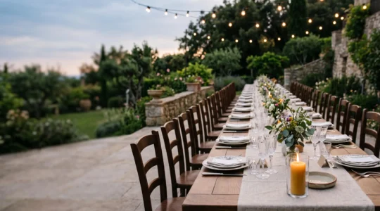 Table élégante dressée en extérieur au crépuscule, symbolisant la préparation méticuleuse d'une soirée privée mémorable