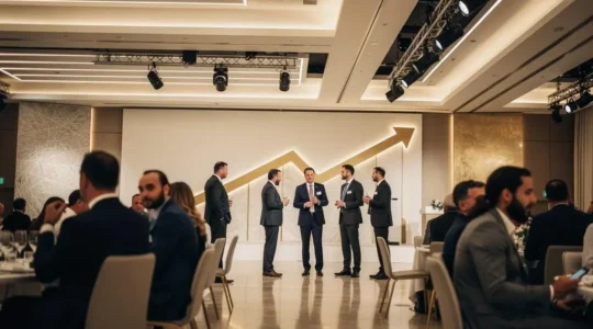 Vue large et editoriale d'un evenement d'entreprise avec une mise en scene symbolisant la croissance et le retour sur investissement