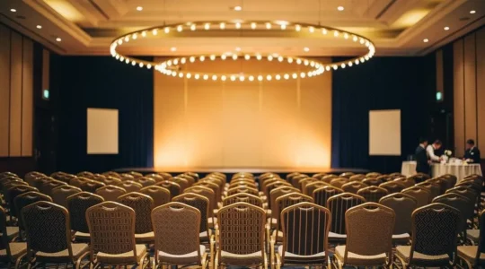 Salle de réception élégante et chaleureuse préparée pour la soirée annuelle d'une entreprise, symbolisant un rituel collectif attendu chaque année
