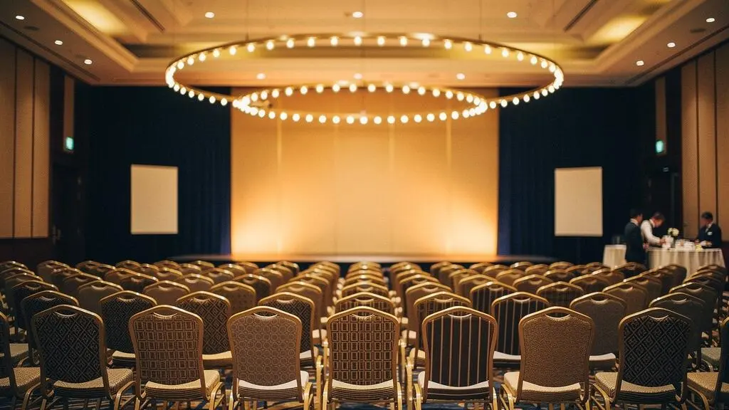 Salle de réception élégante et chaleureuse préparée pour la soirée annuelle d'une entreprise, symbolisant un rituel collectif attendu chaque année