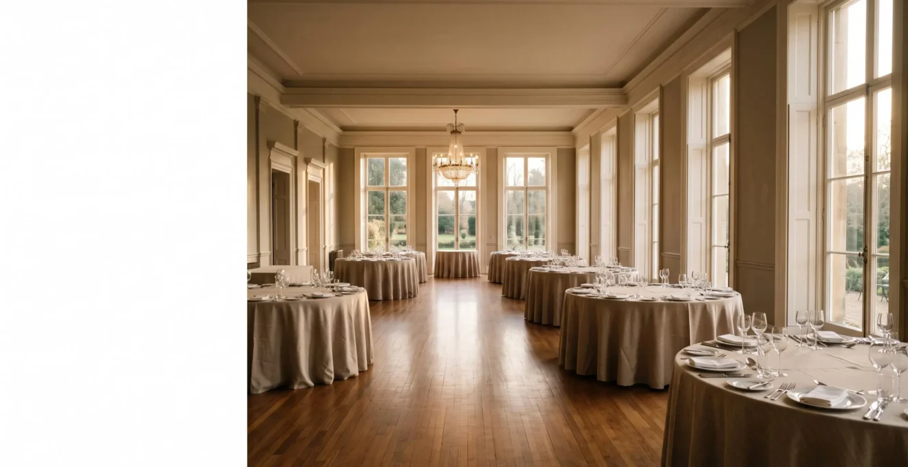 Salle de réception élégante et vide avant l'arrivée des invités, symbolisant la négociation stratégique d'un lieu de mariage