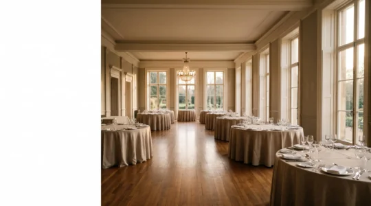 Salle de réception élégante et vide avant l'arrivée des invités, symbolisant la négociation stratégique d'un lieu de mariage