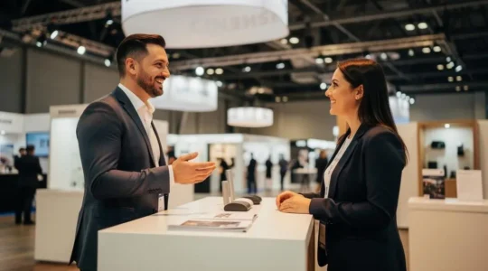 Equipe commerciale echangeant avec des visiteurs sur un stand de salon professionnel moderne et epure