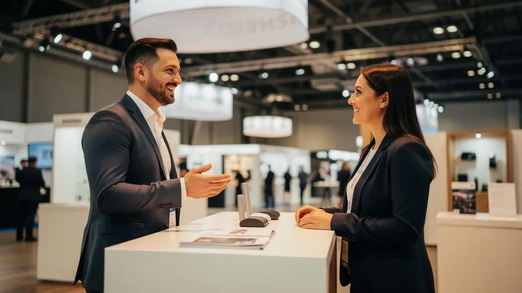Equipe commerciale echangeant avec des visiteurs sur un stand de salon professionnel moderne et epure