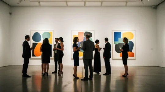 Vue d'ensemble élégante d'un événement d'entreprise privatisé dans une galerie d'art, invités échangeant devant des œuvres