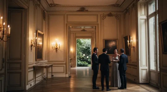 Salon d'un hôtel particulier parisien privatisé pour une soirée de luxe intimiste avec quelques invités élégants