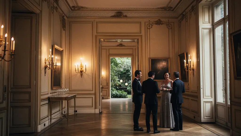 Salon d'un hôtel particulier parisien privatisé pour une soirée de luxe intimiste avec quelques invités élégants